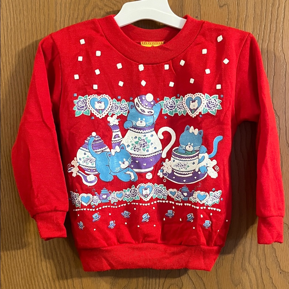 Vintage Kid Connection Red Cat Tea‎ Party Vibrant Crewneck Sweatshirt 3T